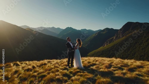 Wallpaper Mural Young Caucasian Couple in Wedding Attire Embracing on Mountain Landscape at Sunset Torontodigital.ca