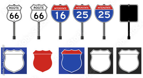 A Collection of Various United States Road Signs Showing Route Numbers and Interstate Highway Markers