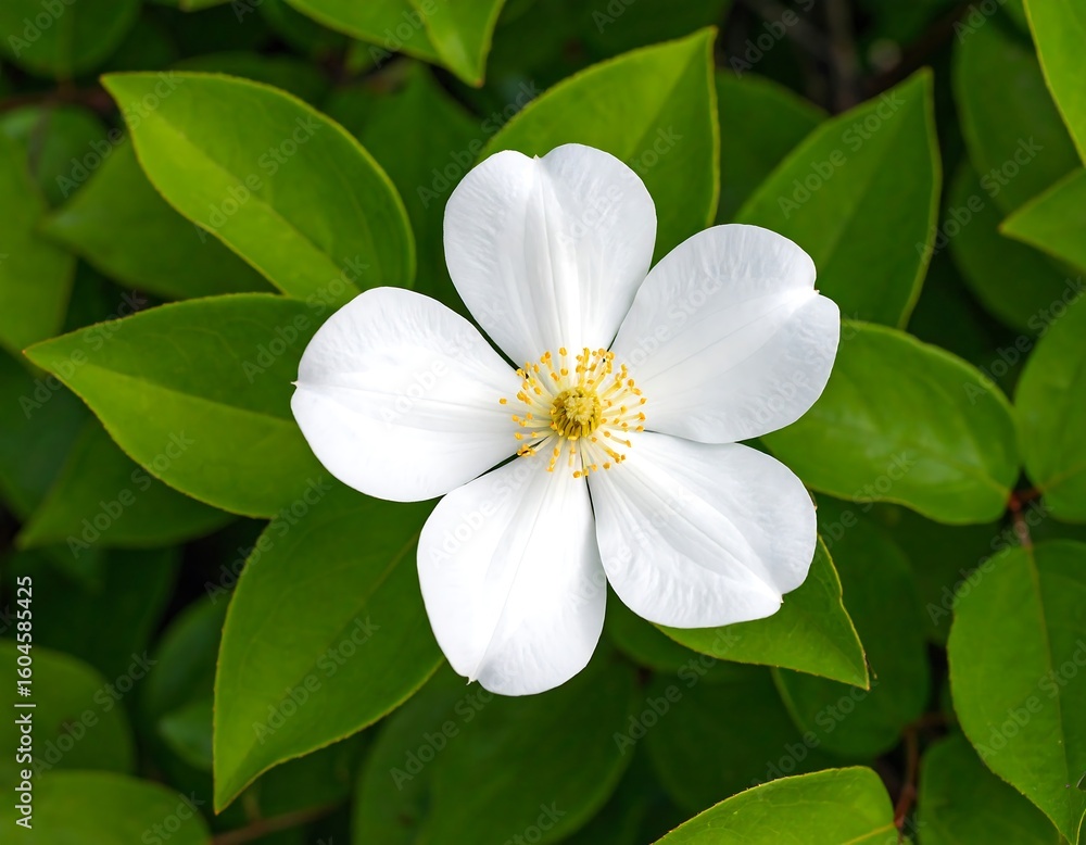 Fototapeta premium Close-up of a white flower surrounded by lush green leaves
