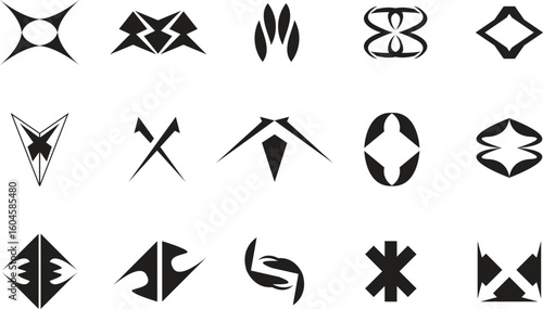 Brutalist abstract geometric shapes and grids. Brutal contemporary figure star oval spiral flower and other primitive elements. 