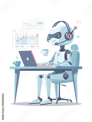 A robotic customer service agent works at a desk, analyzing data charts on a laptop.