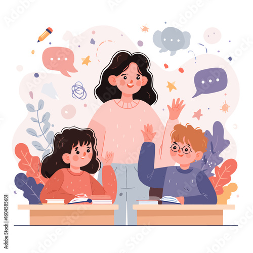 Teacher and students in a classroom setting, engaging in a learning experience.