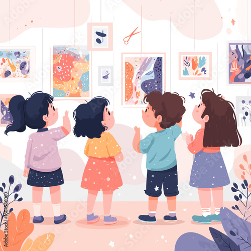 Children admiring artwork at an art gallery exhibition.