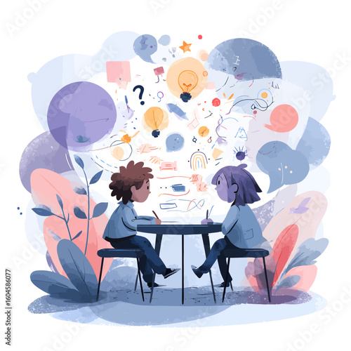 Two children collaborate on a project, brainstorming ideas amidst a flurry of creative thoughts and speech bubbles.