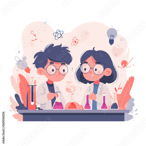 Two young scientists in lab coats conducting experiments with colorful liquids and equipment.