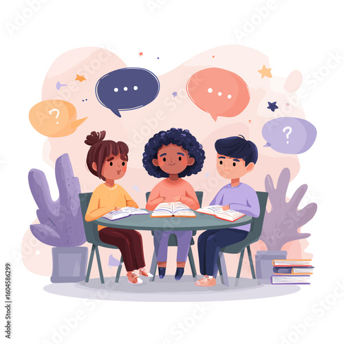 Three diverse children sitting at a table, reading books and discussing ideas with speech bubbles.