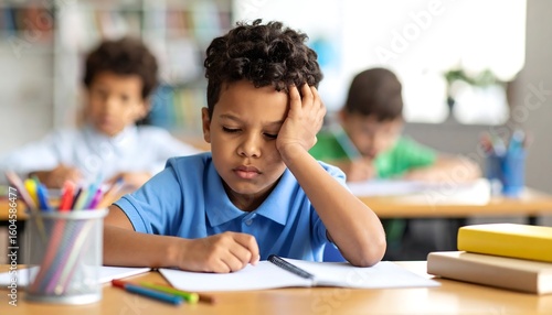 Boy looking bored and tired in class