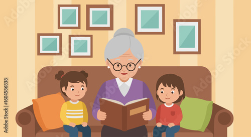 A loving grandmother reading a story to her grandchildren on National Senior Citizens Day in a cozy living room.