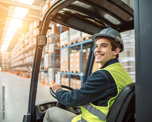 A young man driving a forklift