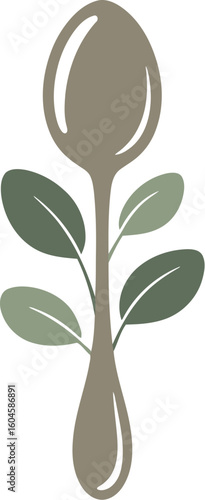 Spoon with growing leaves symbolizing healthy eating and organic food
