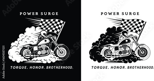 Motorcycle racer with checkered flag and smoke for t shirt design in vintage style showcasing speed, honor, and biker brotherhood emblem art
