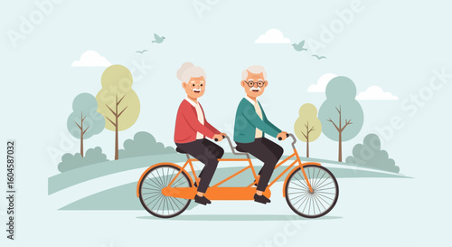 An elderly couple rides a tandem bicycle through a park with trees, clouds, and birds in the background, enjoying outdoor activity together.