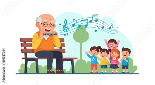 An elderly man plays harmonica, entertaining children with musical notes and joyful expressions.