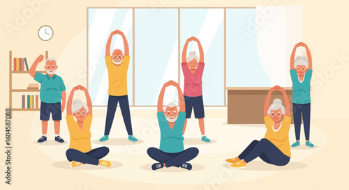 A group of elderly people are exercising in a bright room, some standing with arms raised overhead, others seated in lotus position or stretching.