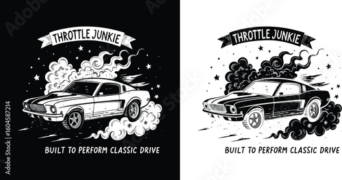 Vintage muscle car burnout illustration with smoke and stars in bold black and white style for t shirt design with throttle junkie classic drive theme