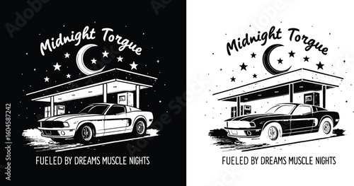 Muscle car at gas station under night sky with moon and stars in vintage black and white style for t shirt design themed around midnight torque dreams