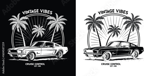 Classic muscle car with palm trees and sunburst background in monochrome vintage style for t shirt design evoking cruise control and retro beach vibes