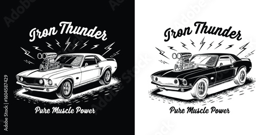 Supercharged muscle car with thunder bolts in bold vintage style for t shirt design representing iron thunder and pure horsepower energy