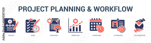 Project Planning and Workflow Modern and clean web banner illustration featuring thematic icons for visual communication