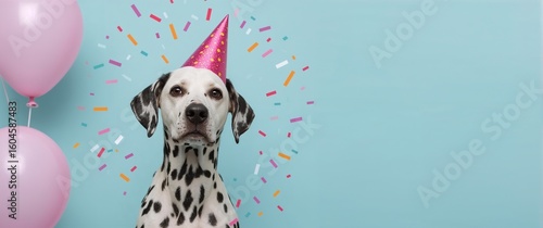 Spotted dalmatian with birthday hat and confetti surrounded by balloons against a light aqua blue background