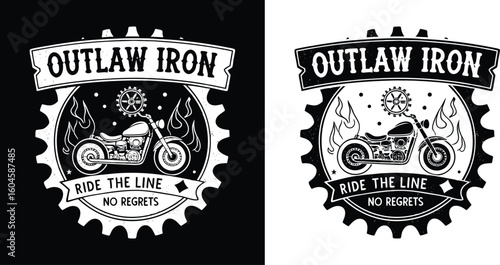 Vintage motorcycle emblem with flames and gear badge in bold outlaw iron style featuring ride the line no regrets theme for biker apparel artwork
