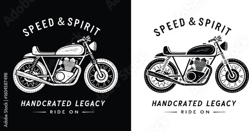 Handcrafted vintage motorcycle illustration in black and white style featuring speed and spirit theme with minimalist frame and retro ride on message