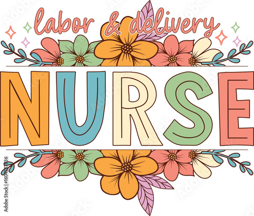 Retro Groovy Labor and Delivery Nurse SVG Design with Wavy Lettering for Vintage T-Shirt Apparel