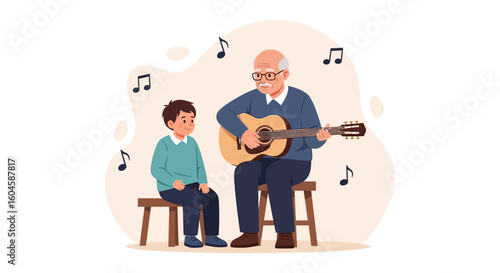 Celebrating National Senior Citizens Day with a grandfather teaching his grandson to play guitar, a heartwarming moment