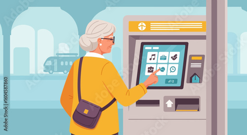 Celebrating National Senior Citizens Day with an independent woman using a self-service ticket machine at a station.