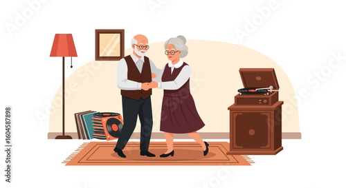 A joyful illustration for national senior citizens day an active, happy elderly couple gracefully dances, celebrating enduring love and life.
