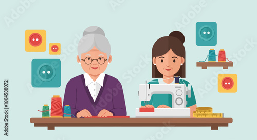 Celebrating National Senior Citizens Day Illustration of an elderly woman and a younger woman sewing together