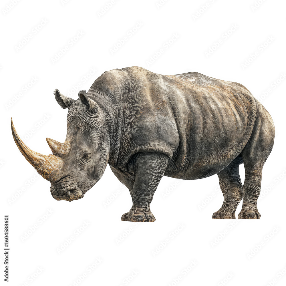Obraz premium Detailed Side Profile of an Isolated Rhinoceros Showcasing Distinctive Horn Features