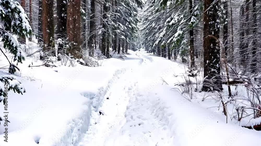 A snow-covered road through a winter forest scene, High-quality cinematic natural 4k video A snow-covered road through a winter forest scene, High-quality cinematic natural 4k video