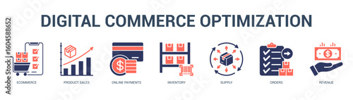Digital Commerce Optimization Modern and clean web banner illustration featuring thematic icons for visual communication