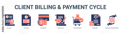 Client Billing and Payment Cycle Modern and clean web banner illustration featuring thematic icons for visual communication
