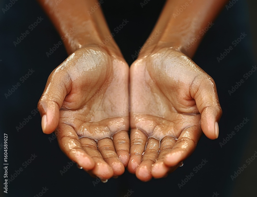 Fototapeta premium close-up of hands with water flowing down, hands carefully holding water, demonstrating water shortage in nature and the problem of limited resources