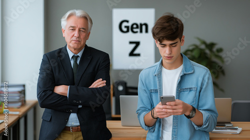 An older manager, arms crossed, stands next to a young man engrossed in his phone, with a 'Gen Z' sign visible, highlighting a generational gap in an office setting.