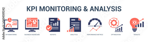KPI Monitoring and Analysis Modern and clean web banner illustration featuring thematic icons for visual communication