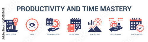 Productivity and Time Mastery Modern and clean web banner illustration featuring thematic icons for visual communication