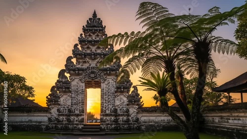 Balinese Temple Gate Silhouette Against Warm Sunset Sky With Lush Green Ferns In Bali Indonesia