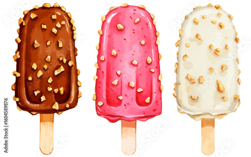 チョコレートのアイスバーの水彩ベクターイラストセット ミルク/ストロベリー/ホワイト