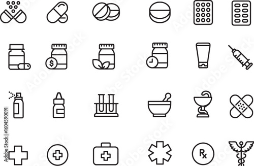 Thin line icon set of pharmacy. Pixel perfect icons, editable stroke.	
