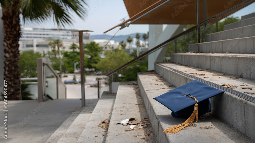 Fototapeta premium The words 'TUITION DEBT' are carved into the crumbling stone steps of an old, grand building, symbolizing the burden of student loans and educational financial struggles.
