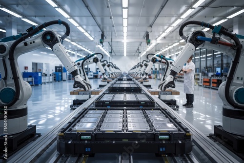 Robotic arms assembling EV batteries on a factory production line