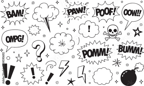 A collection of comic book style speech bubbles and effects in black and white