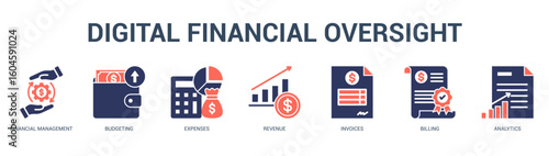 Digital Financial Oversight Modern and clean web banner illustration featuring thematic icons for visual communication