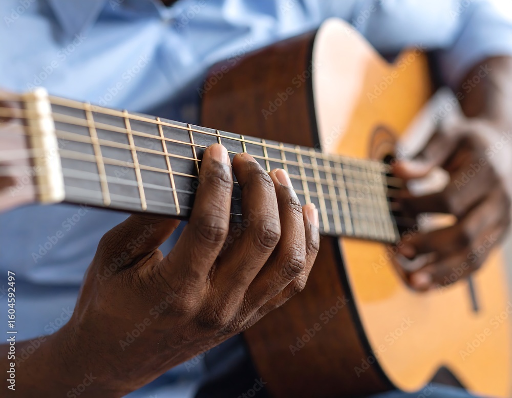 Fototapeta premium Close-up of hands playing acoustic guitar