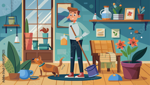 Cartoon man smiling while mopping the floor with a dog nearby in a cozy, plant-filled living room
