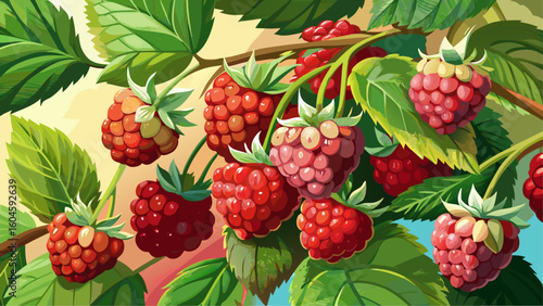 Cartoon raspberry branch with ripe and unripe berries among lush green leaves on a warm gradient background