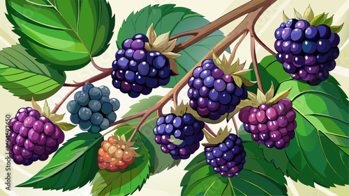 Cartoon illustration of ripe and unripe blackberries on a branch with lush green leaves on a light background